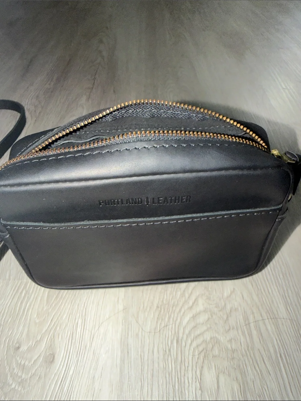 Portland Leather Black Crossbody Camera Bag with Gold Hardware